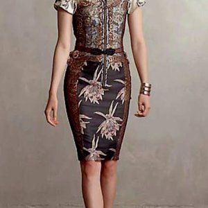 NWT - BEGUILE by BYRON LARS Embroidered Form Fitting Brocade Belted Noemi Dress